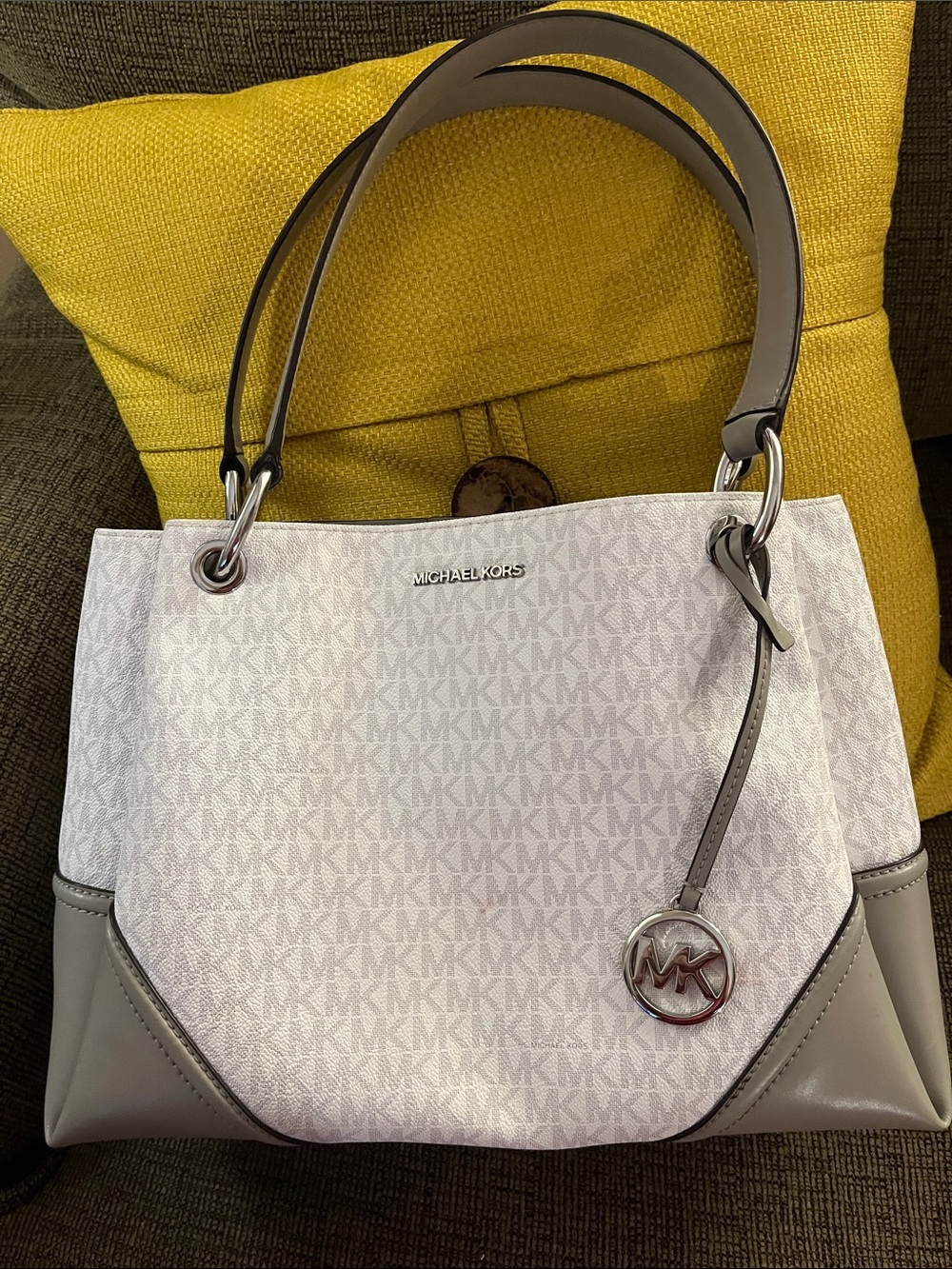 Michael Kors White & Taupe Signature Shoulder Tote